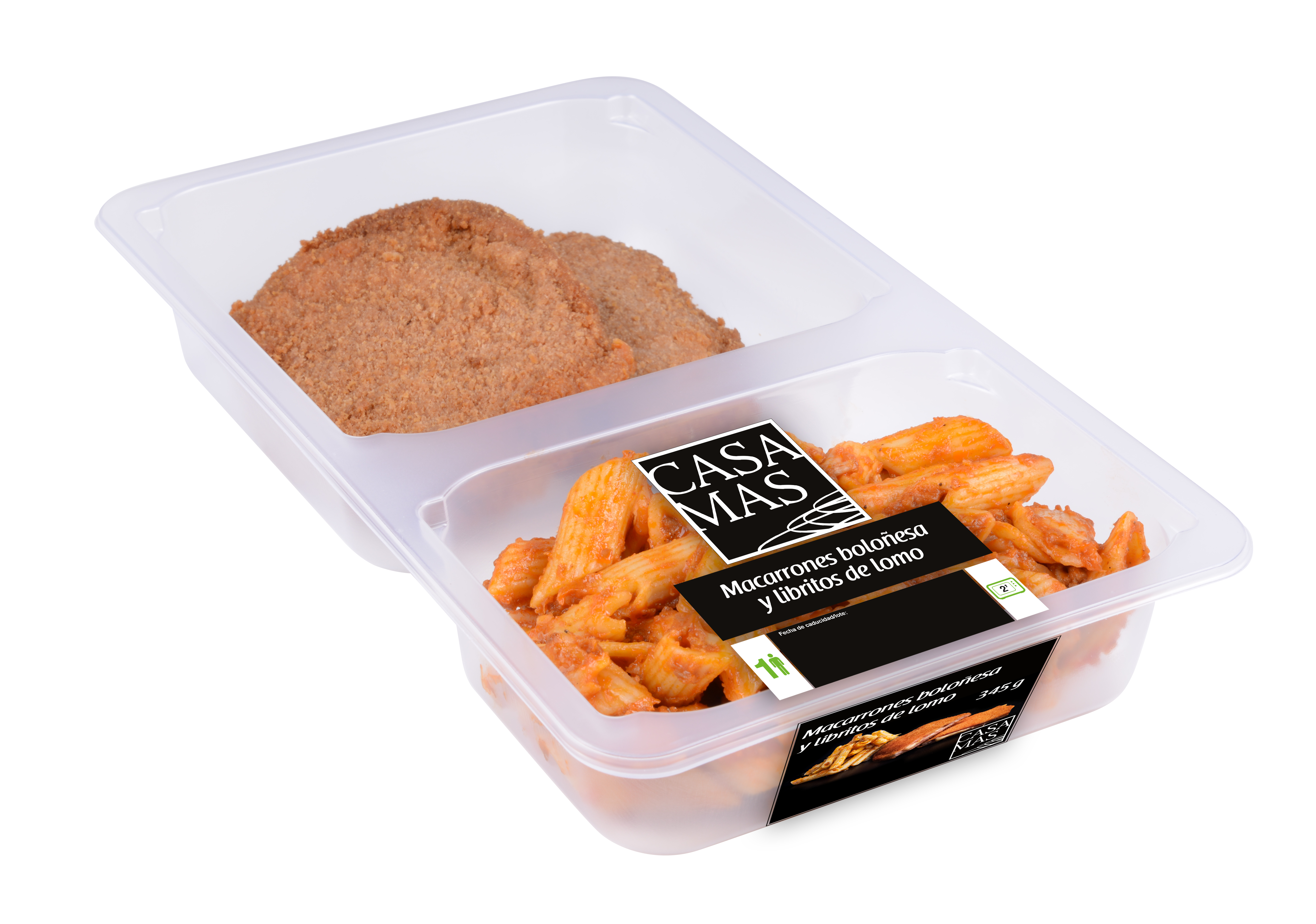 Menú de macarrones a la boloñesa y libritos de lomo